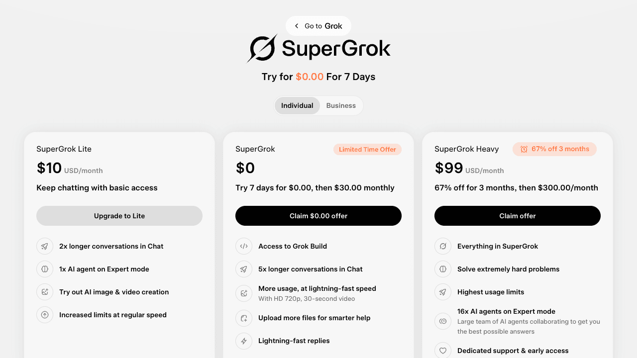 Grok's former plans page in June 2026, showing SuperGrok Lite at $10, SuperGrok with a 7-day free trial then $30, and SuperGrok Heavy at $99 for three months then $300. Since October 12, 2026, new customers start on The X Subscription instead.