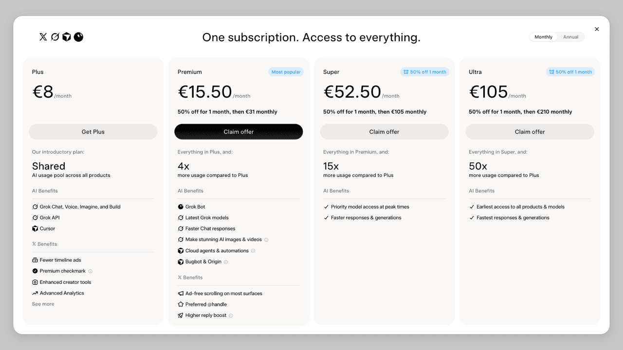 Grok's plans page on October 13, 2026, viewed from Europe: Plus at €8 a month; Premium, Super and Ultra at €15.50, €52.50 and €105 for the first month (50% off), then €31, €105 and €210; 4x, 15x and 50x the usage of Plus.