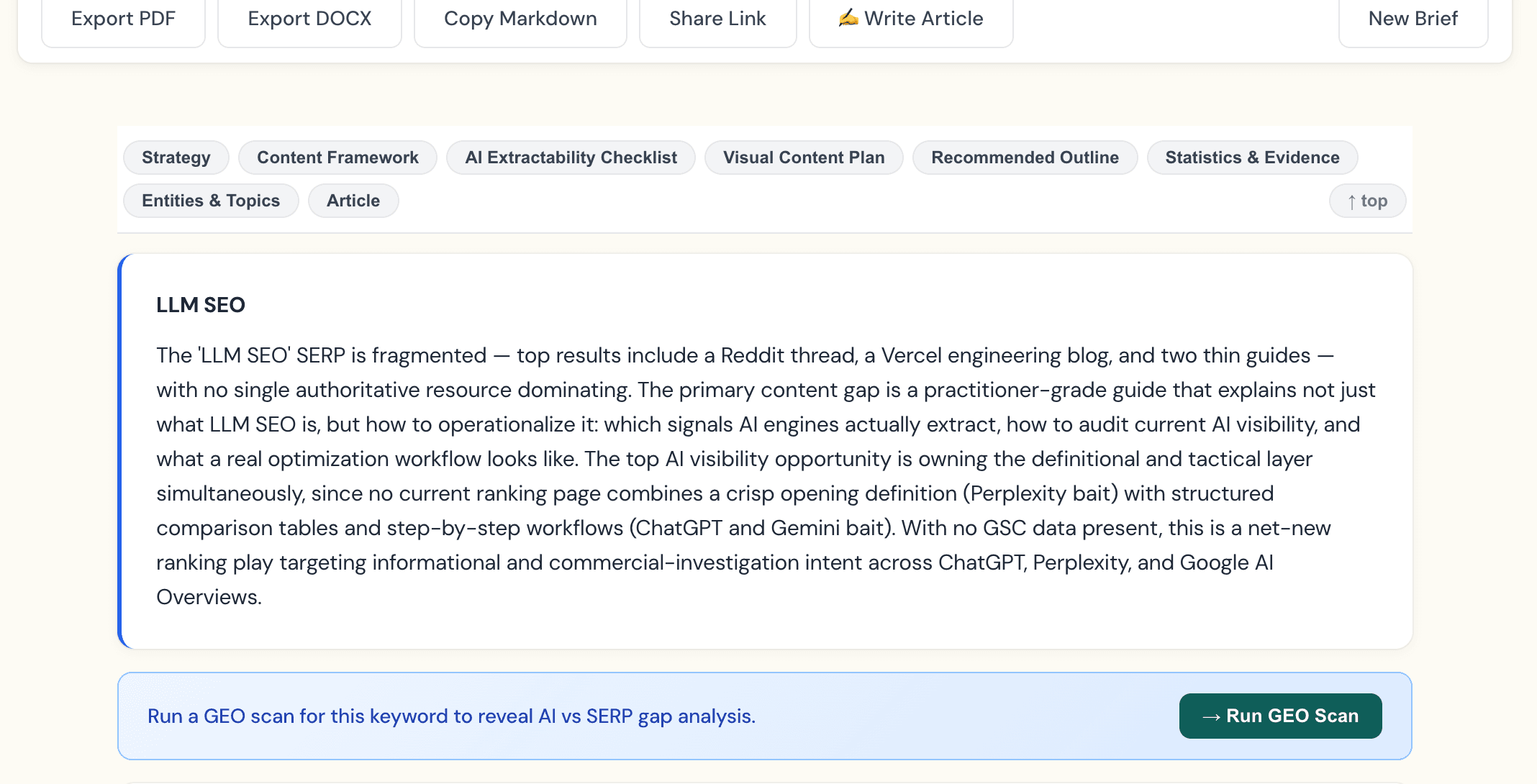 A real Content Studio brief for the keyword 'LLM SEO': a tabbed brief (Strategy, Content Framework, AI Extractability Checklist, Recommended Outline, Statistics & Evidence, Entities & Topics, Article), a Write Article button, PDF/DOCX/Markdown export, and a strategy read of the SERP and the pages AI cites.